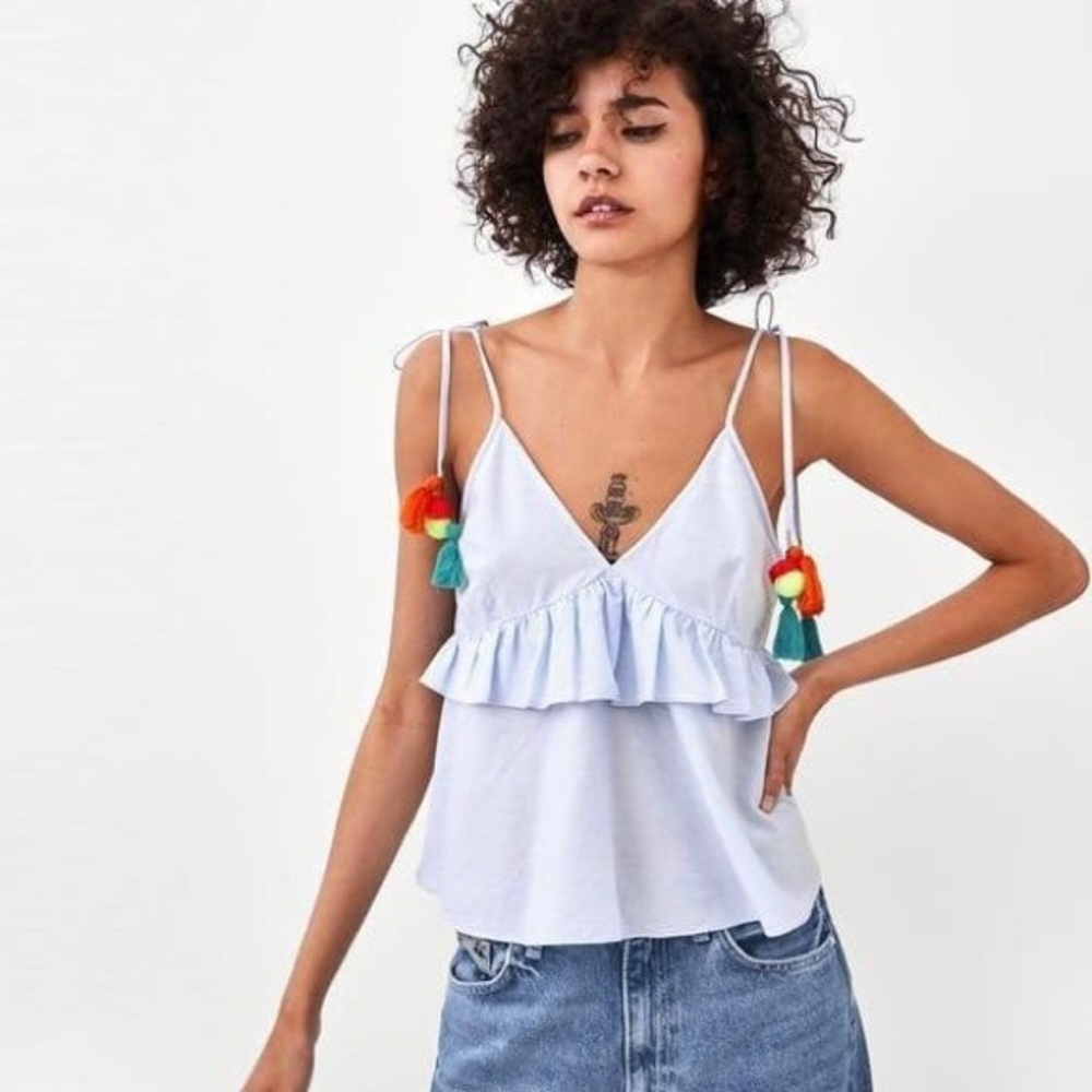Zara Pom Pom Tie Straps Top